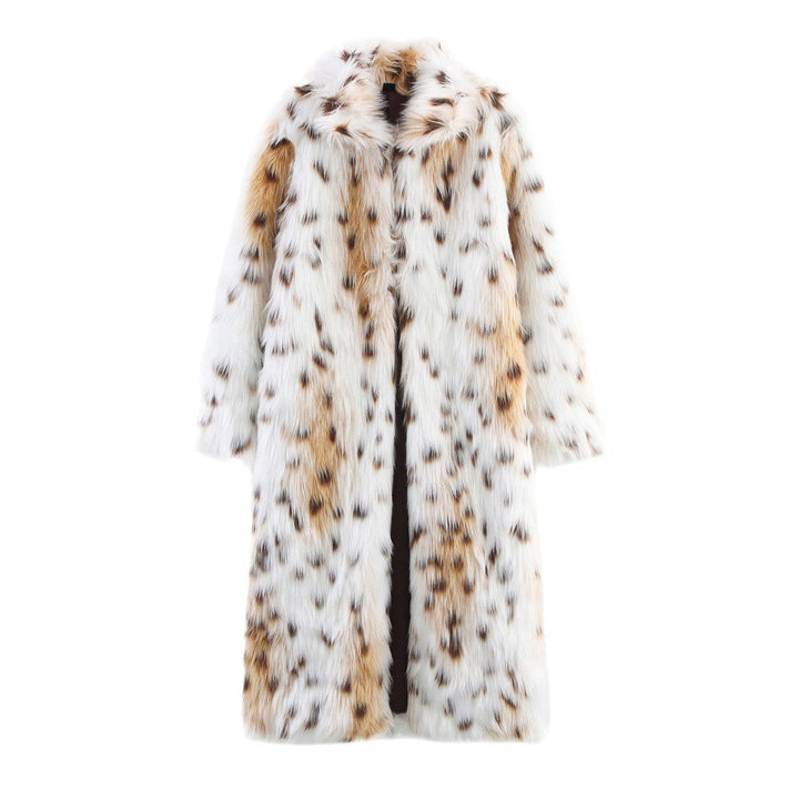 Damska Długa Oversize Sztuczne futro Płaszcz z Spotted Wildcat Print i Stójka