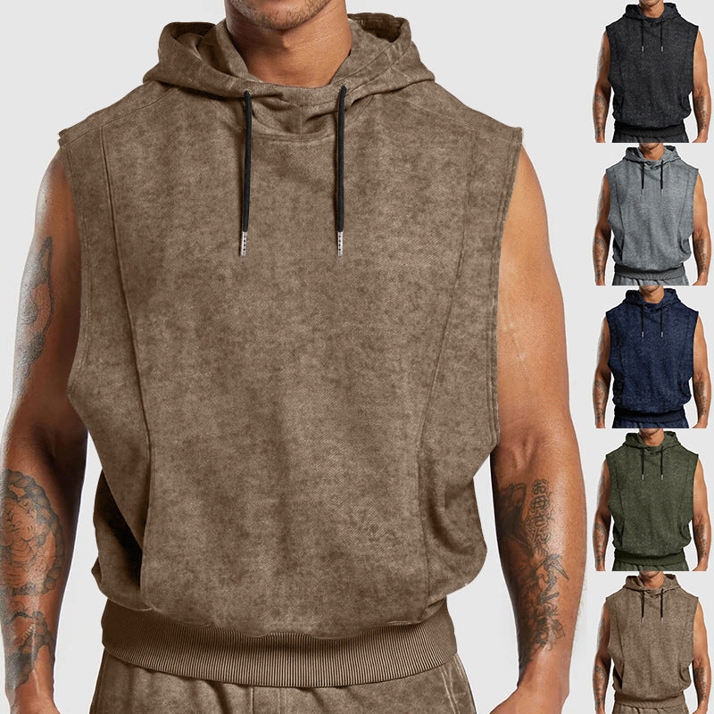 Męska sleeveless bluza z kapturem w stone-wash wygląd z deep armholes i prążkowany Dół