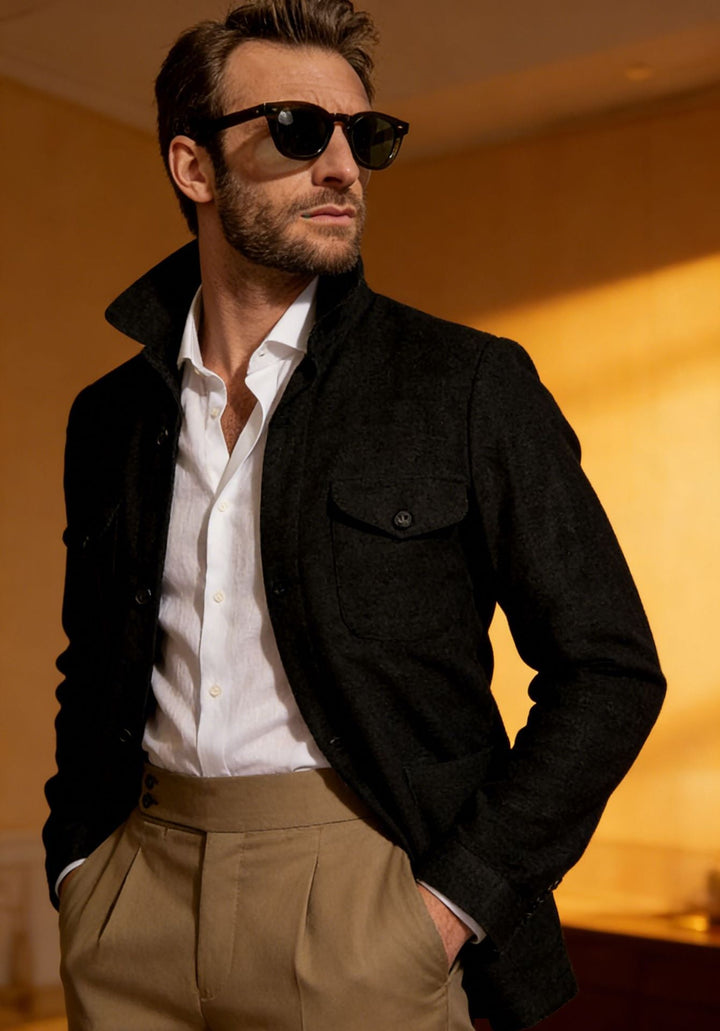 Męski Lekki Kurtka field wykonany z Cotton-Linen z Flap Kieszenie