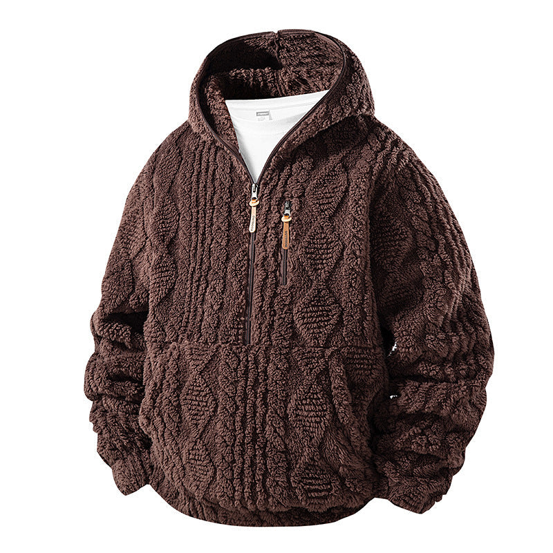 Męska Teddy Polar Half Bluza z zamkiem i kapturem z Strukturalny Dzianina Wygląd, Klatka piersiowa Zamek i Kieszeń kangurka