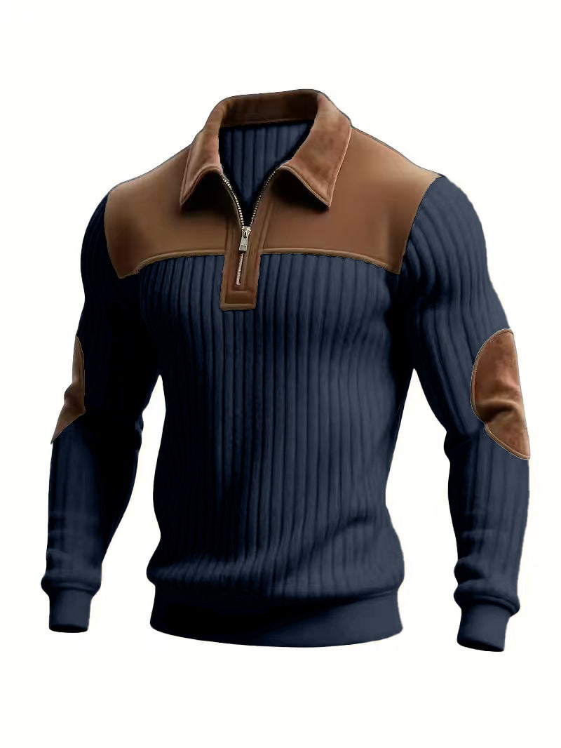 Męska prążkowany krótki zamek pulower z contrasting skóra appliqués na shoulders i elbows