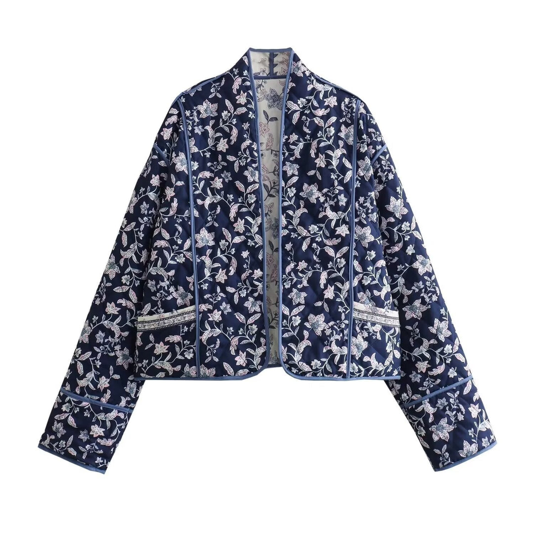 Damska pikowana kimono kurtka z kwiatowa all-over pattern i contrasting piping Lumaza