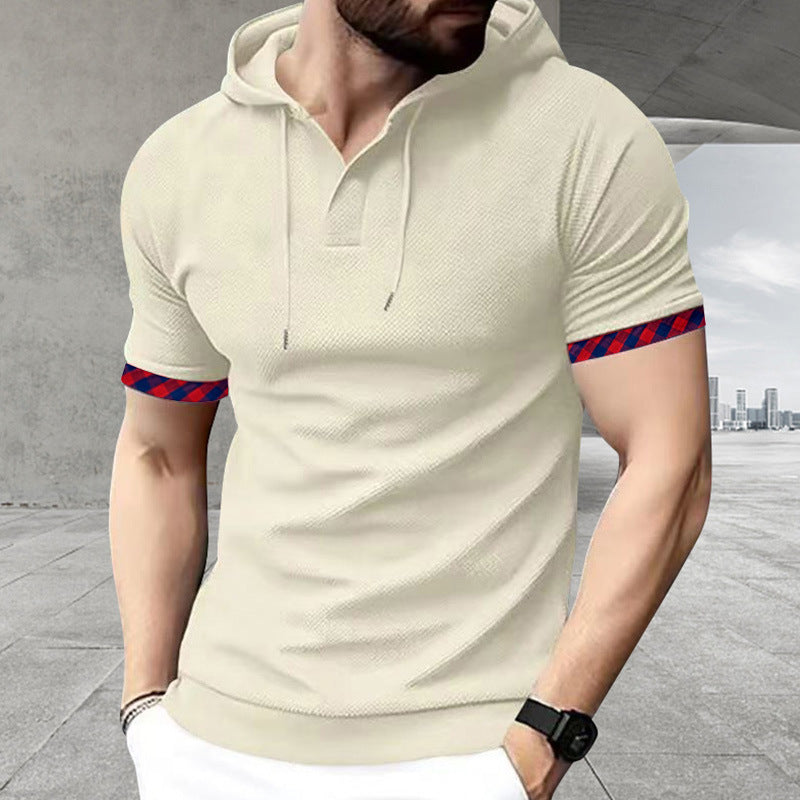 Męska dopasowany Krój krótka rękaw z kapturem koszula w polo Styl z Henley Dekolt i checkered rękaw cuff