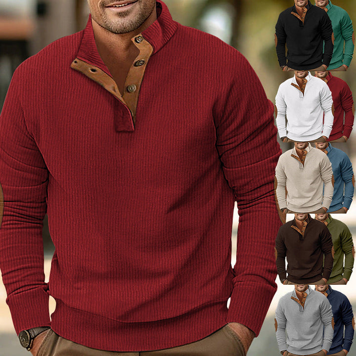 Męska strukturalny rugby sweter z Stójka, Listwa guzikowa, i skóra elbow patches