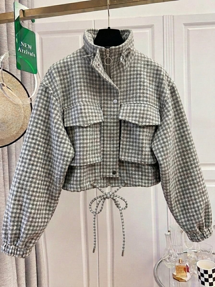 Damska Checkered krótka kurtka z stójka kołnierzem, ściągaczem i Elastic Cuffs Lumaza