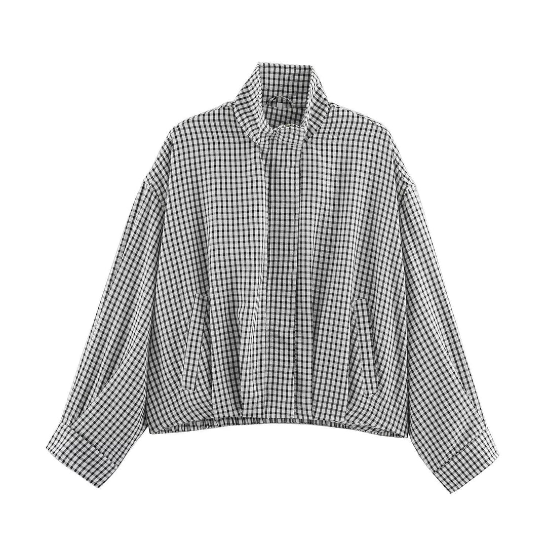 Damskie Oversize Checkered Bluzon Kurtka z Stójka