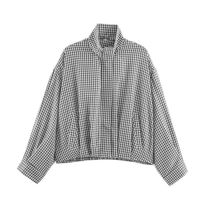 Damskie Oversize Checkered Bluzon Kurtka z Stójka