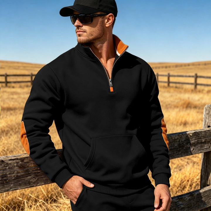 Męska Athletic Krótki zamek Bluza z Elbow Patches i Kieszeń kangurka