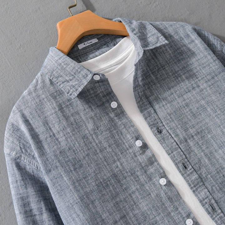 Męski Textured Linen-Cotton Koszula wierzchnia w Luźny krój z Koszula Kołnierz i Continuous Guzik Placket