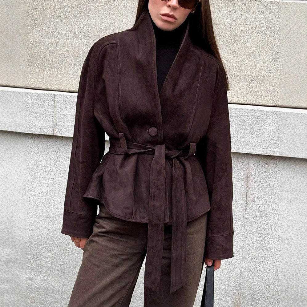 Damska welurowa Leather kurtka z Shawl kołnierzem i wiązanym paskiem Lumaza
