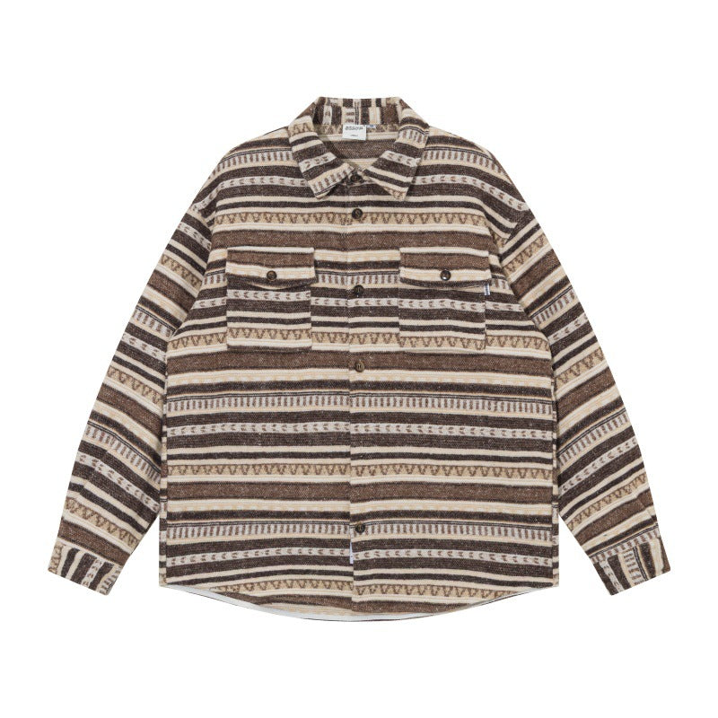 Unisex Oversize Dzianina Kurtka koszulowa w Ethnic Stripe Wzór z Kieszenie z klapkami
