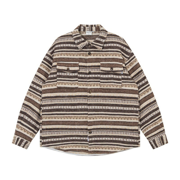 Unisex Oversize Dzianina Kurtka koszulowa w Ethnic Stripe Wzór z Kieszenie z klapkami