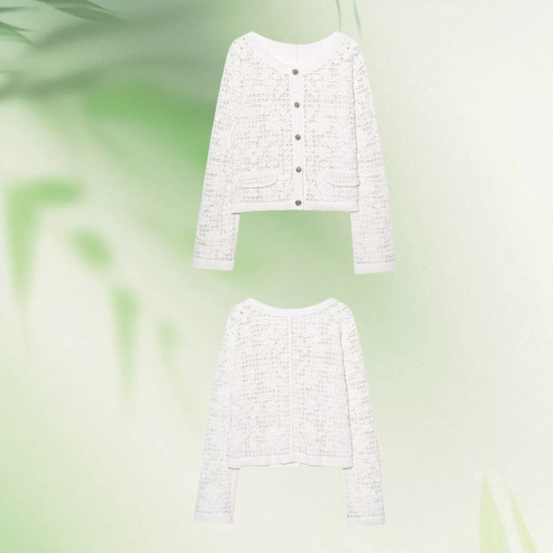 Damska Crocheted Krótka Kurtka w Boucle Wygląd z Ozdobne guziki i Naszywane kieszenie