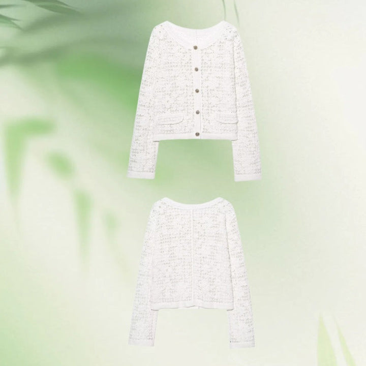 Damska Crocheted Krótka Kurtka w Boucle Wygląd z Ozdobne guziki i Naszywane kieszenie