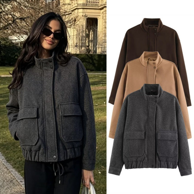Damska boxy Wool Blouson z ze stójką, dużymi klapką kieszeniami i Elastic dołem Lumaza