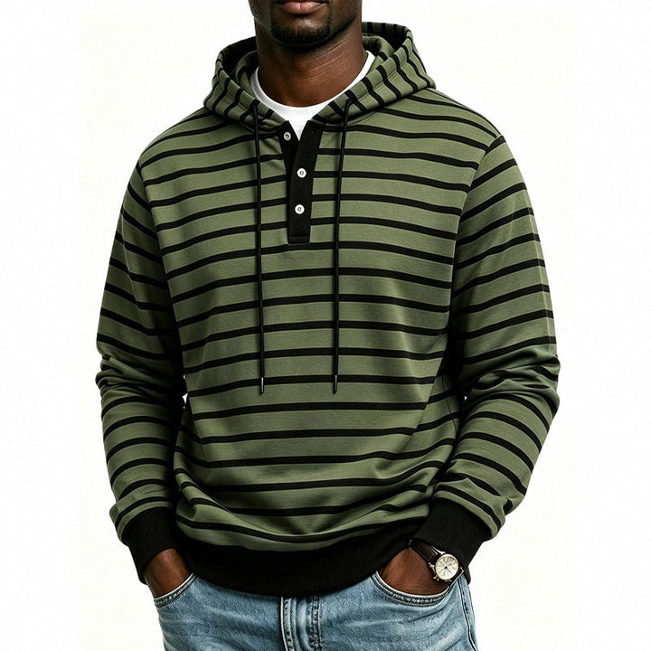 Męska bluza z kapturem z Henley Listwa guzikowa i delikatna stripe tekstura Wzór