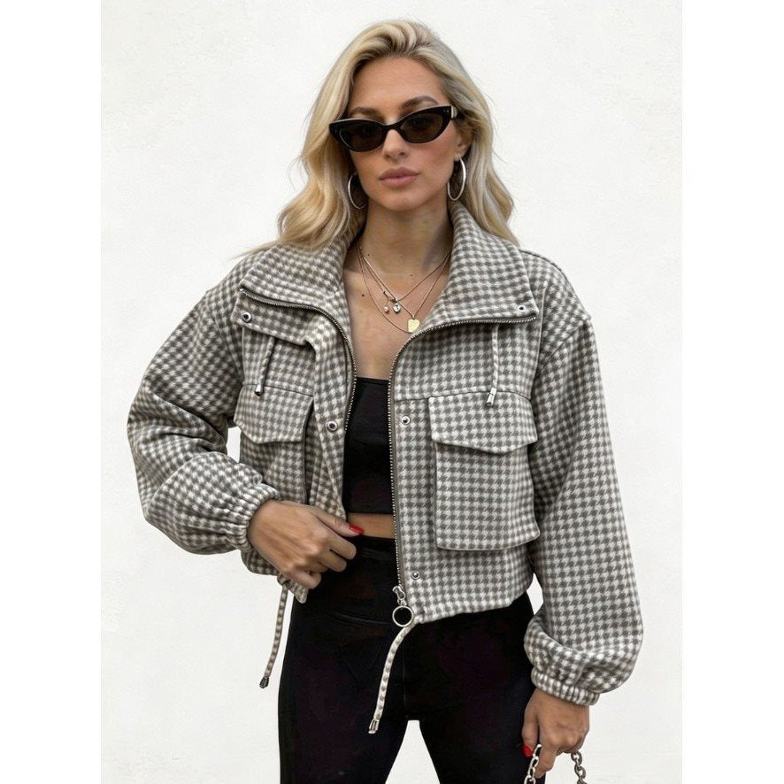 Damska Checkered krótka kurtka z stójka kołnierzem, ściągaczem i Elastic Cuffs Lumaza