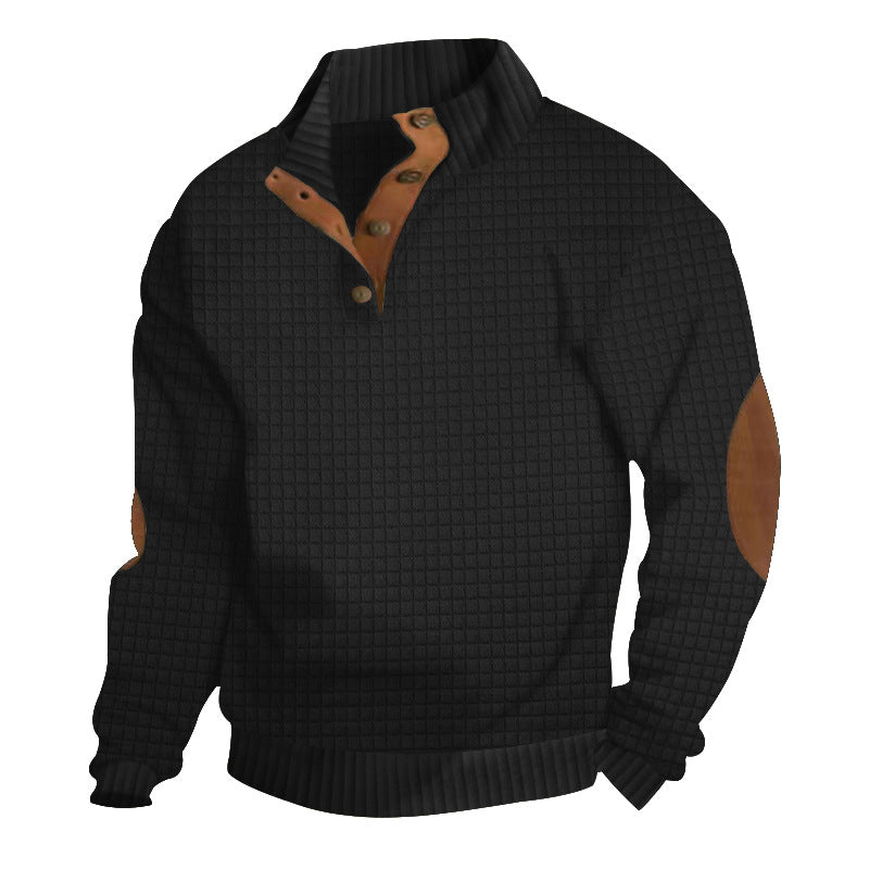 Męska waffle structure troyer z Stójka, Listwa guzikowa i nappa skóra elbow patches