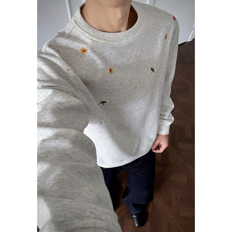 Męska okrągły dekolt bluza z minimalistyczny kwiatowy haft i clean Krój