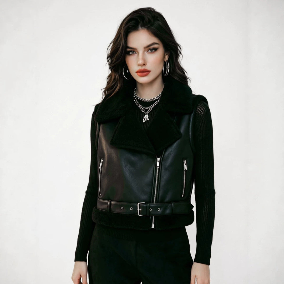 Damska leather kamizelka z teddy lining i waist paskiem Lumaza