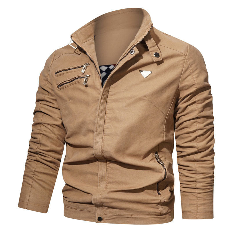 Męski lekki płótno użytkowy blouson z kołnierz ze stójką, asymmetrical chest zamek section, i dekoracyjne zippers.