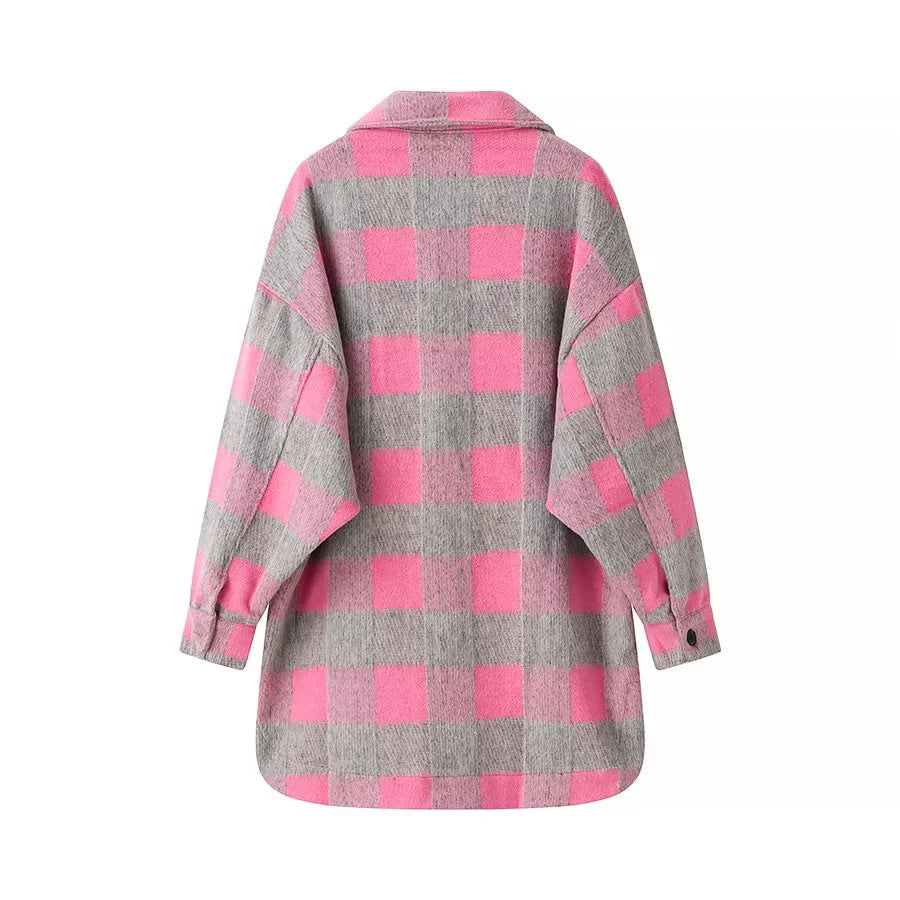 Damska oversize Checked Shacket z naszywane Chest kieszeniami i Rounded Hemline Lumaza