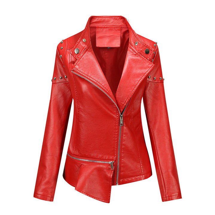Damska Asymmetrical imitacja skóry Biker kurtka z Studs &amp; Asymmetrical zamkiem błyskawicznym Lumaza