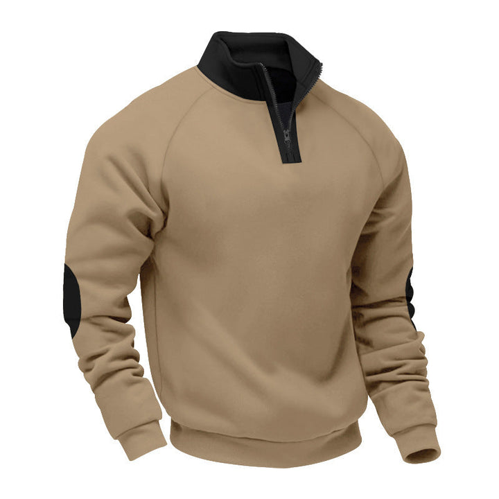 Męska krótki zamek polar pulower z Stójka raglanowy Rękawy i elbow patches