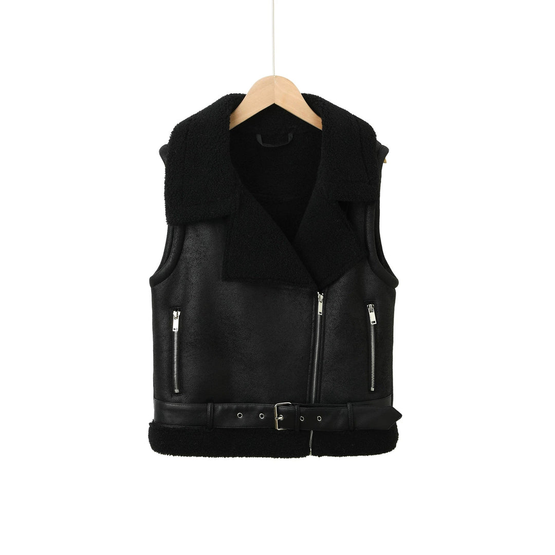 Damska leather kamizelka z teddy lining i waist paskiem Lumaza