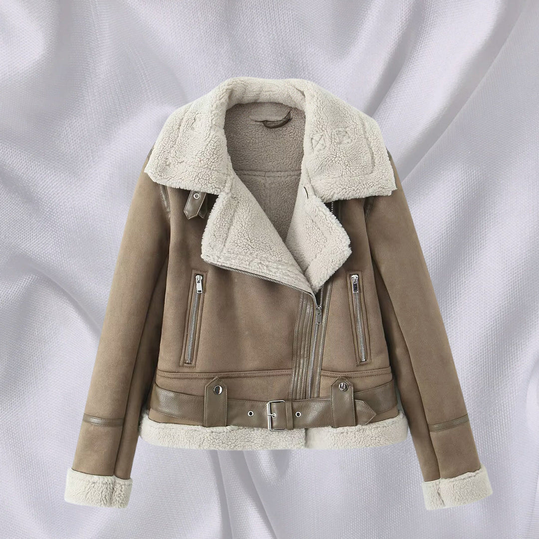 Damska Krótka Krój Lambskin Imitation Biker Kurtka z Asymmetric Zamek, Pasek i Teddy Podszewka