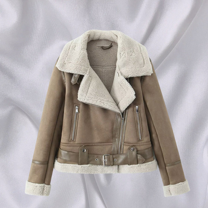 Damska Krótka Krój Lambskin Imitation Biker Kurtka z Asymmetric Zamek, Pasek i Teddy Podszewka