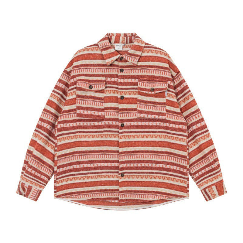 Unisex Oversize Dzianina Kurtka koszulowa w Ethnic Stripe Wzór z Kieszenie z klapkami