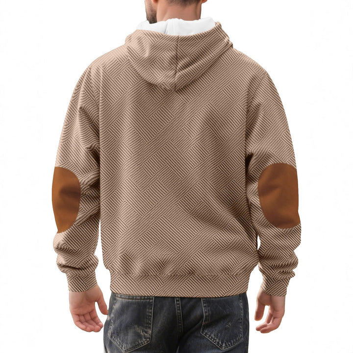 Męska strukturalny bluza z kapturem henley pulower z jacquard tekstura, Listwa guzikowa, i elbow patches