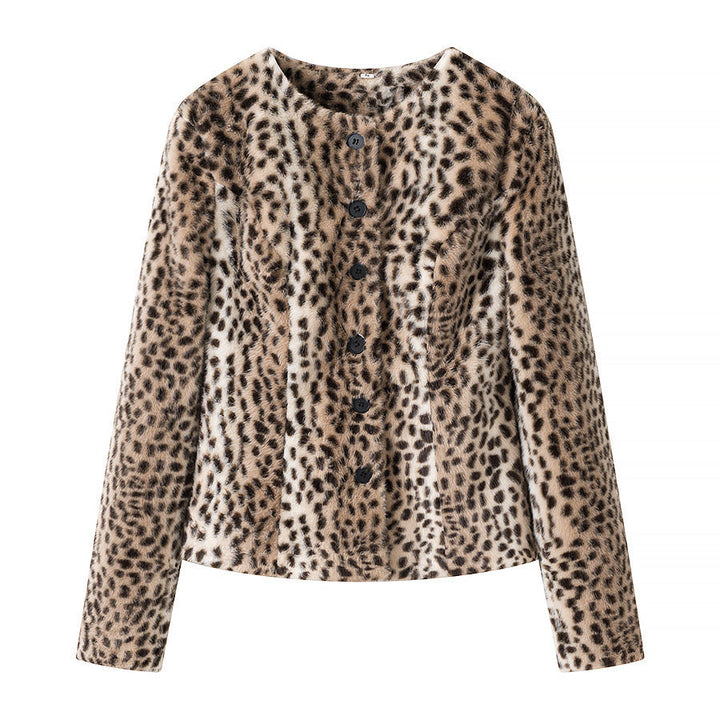 Damska krótka Faux Fur kurtka z Leopard Print i Round Neck Lumaza