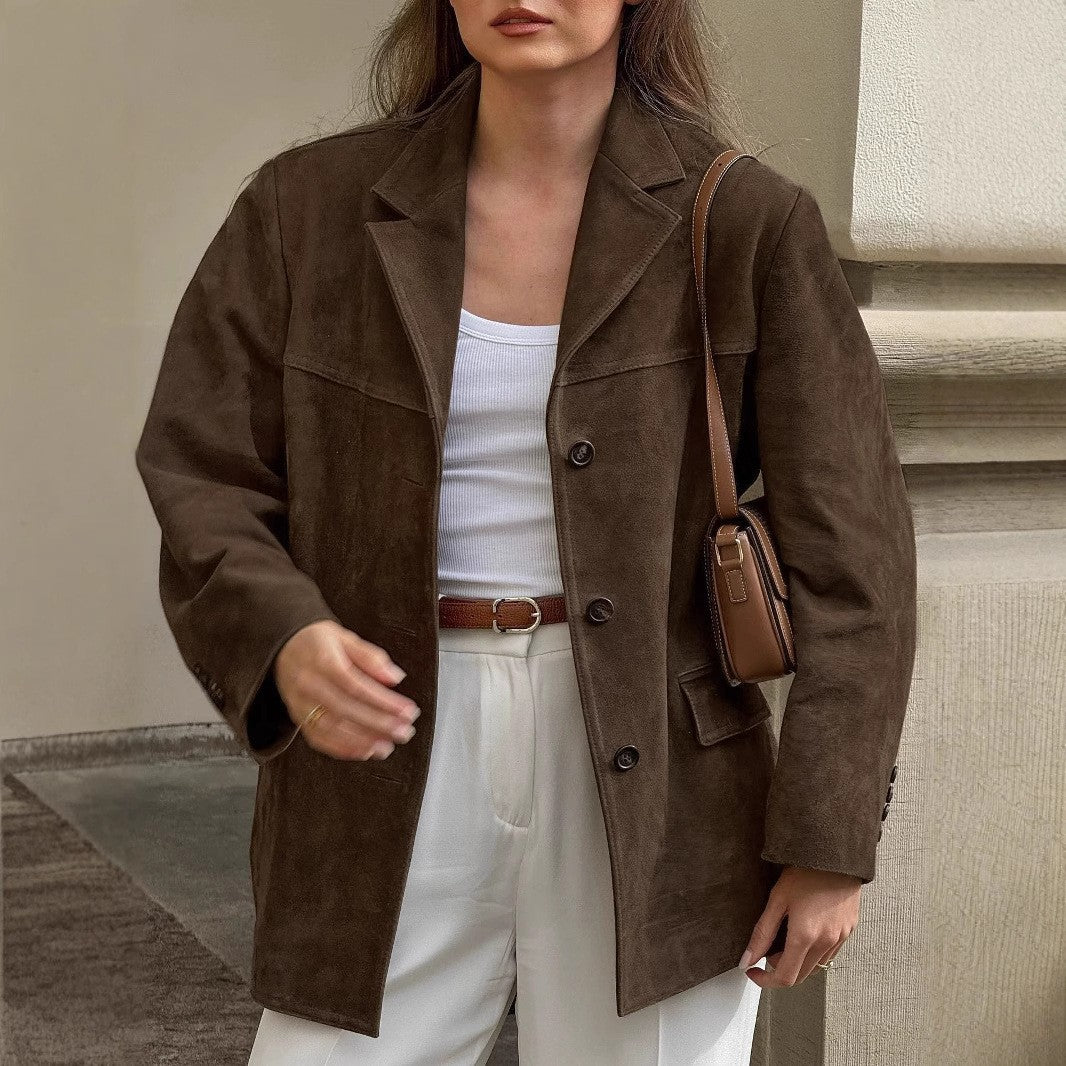 Damska oversize Suede marynarka z Lapel kołnierzem i klapką kieszeniami Lumaza