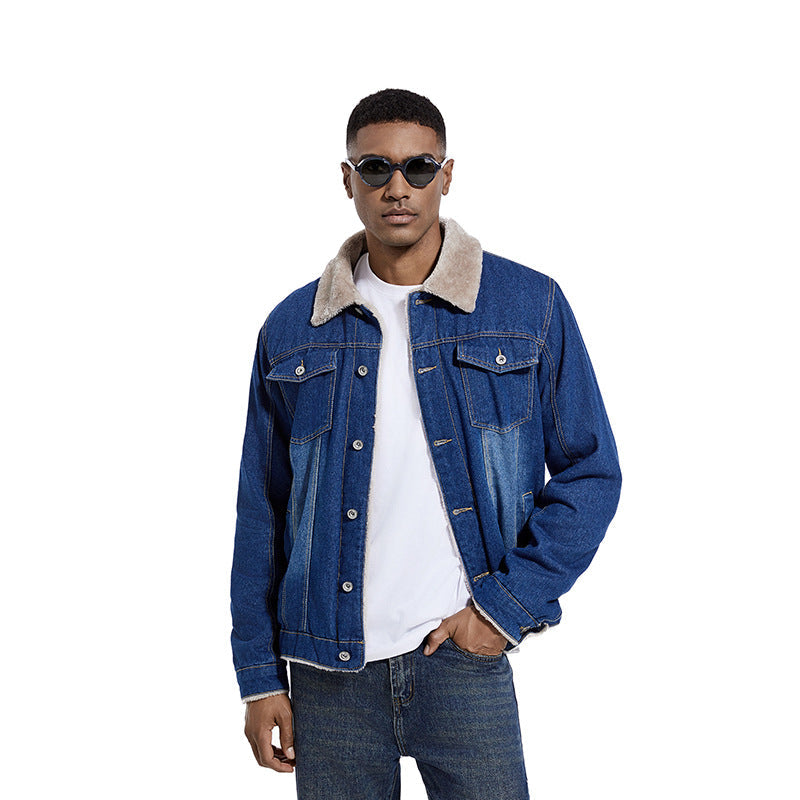 Męski Solidny Denim Trucker Kurtka z Sherpa Podszewka i Teddy Kołnierz