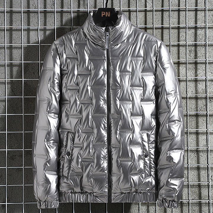 Męski metallic pikowany thermally ocieplany down kurtka z high kołnierz ze stójką