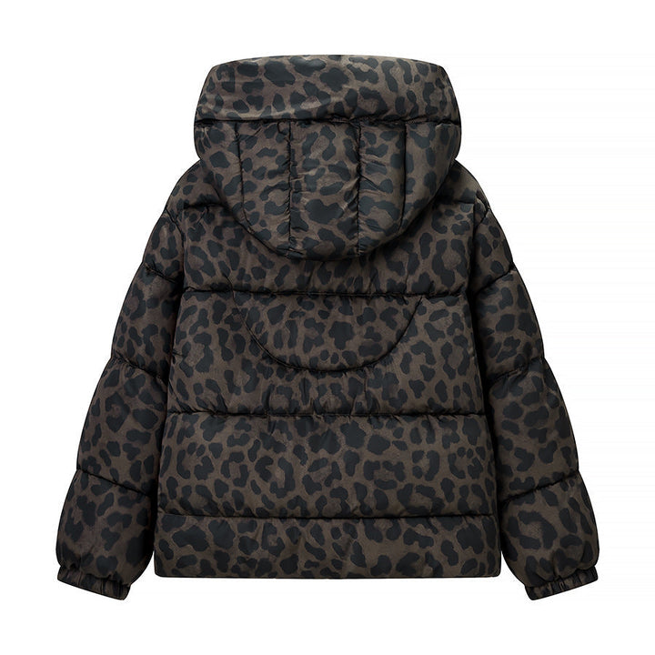 Damska krótka pikowana kurtka z high hood kołnierzem, ściągaczem dołem i leopard print Lumaza