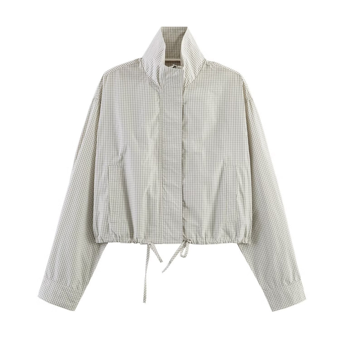 Damska krótka Windbreaker z ze stójką, Checkered Pattern i ściągaczem Lumaza