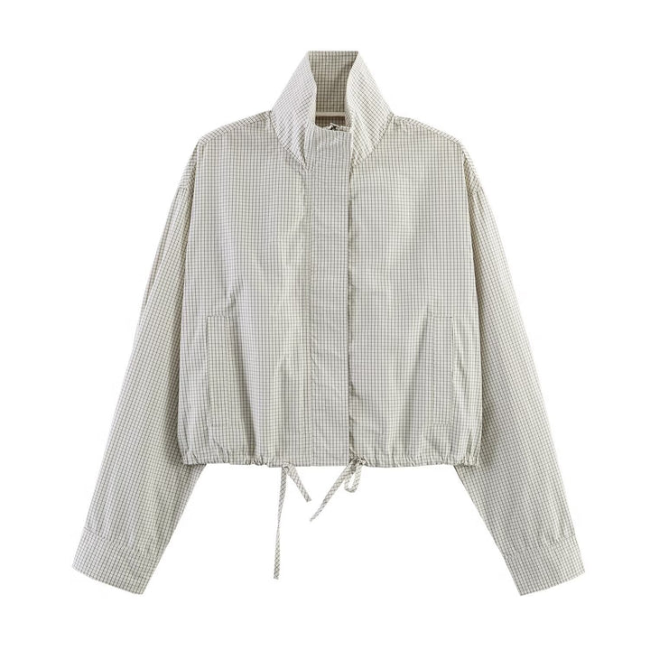 Damska krótka Windbreaker z ze stójką, Checkered Pattern i ściągaczem Lumaza