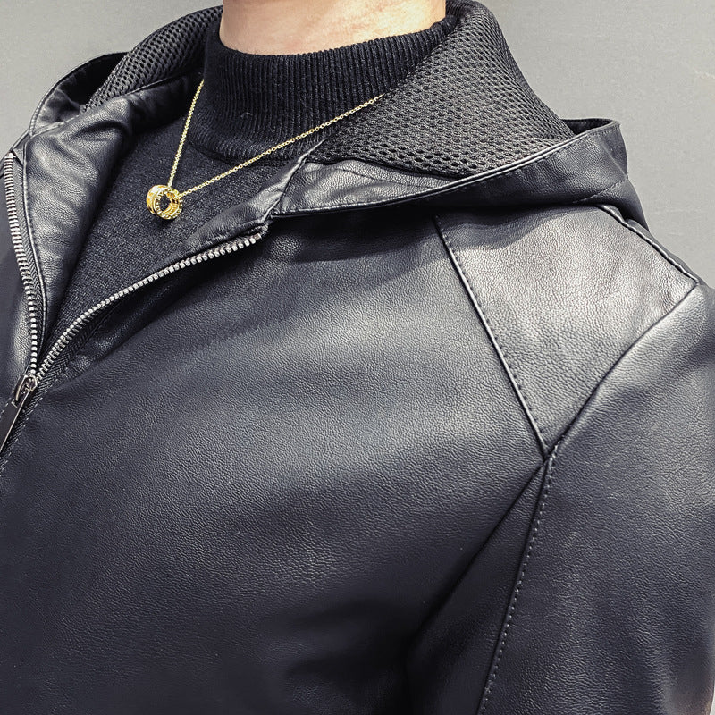 Męski Leatherette Hooded Blouson z Siatka Wewnętrzny Kaptur, Slim Silhouette i Full Zamek