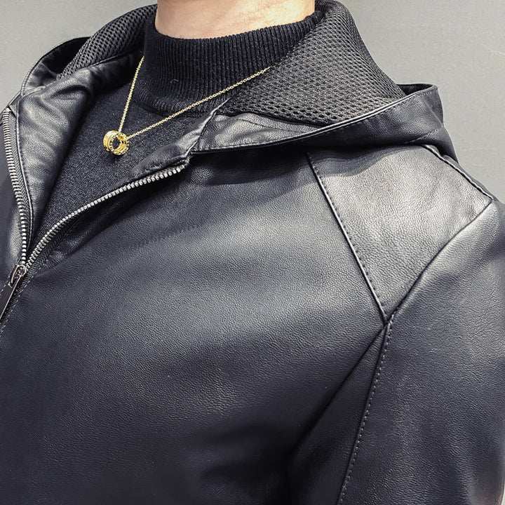 Męski Leatherette Hooded Blouson z Siatka Wewnętrzny Kaptur, Slim Silhouette i Full Zamek