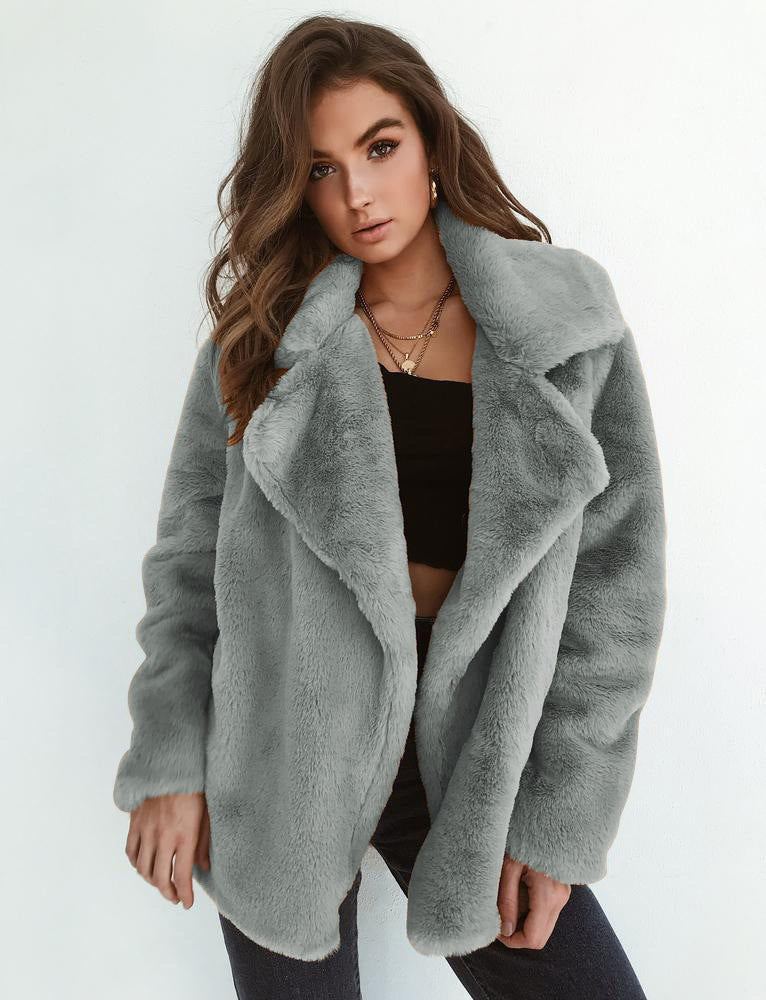 Damska Cozy oversize Faux Fur płaszcz z dużymi Lapel kołnierzem Lumaza