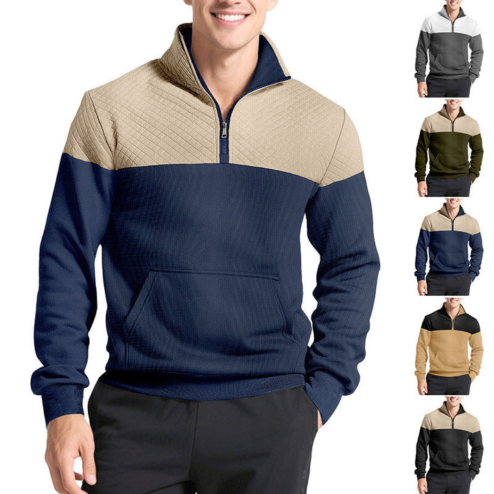 Męska Krótki zamek Bluza z Pikowana Shoulder Panel i Kieszeń kangurka