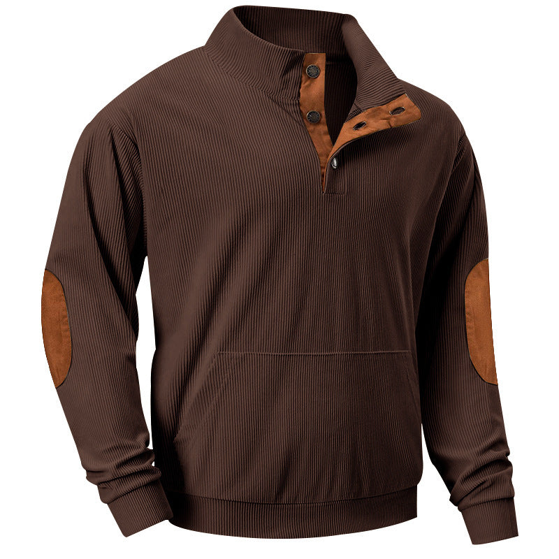 Męska Strukturalny Prążkowany Henley Bluza z Stójka, Kieszeń kangurka &amp; Aksamit Elbow Patches