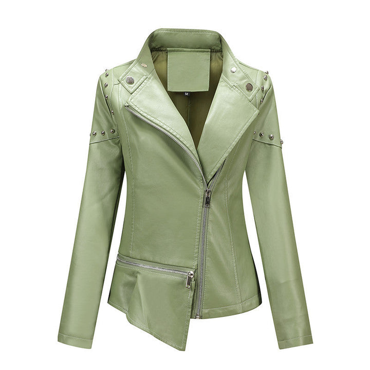 Damska Asymmetrical imitacja skóry Biker kurtka z Studs &amp; Asymmetrical zamkiem błyskawicznym Lumaza