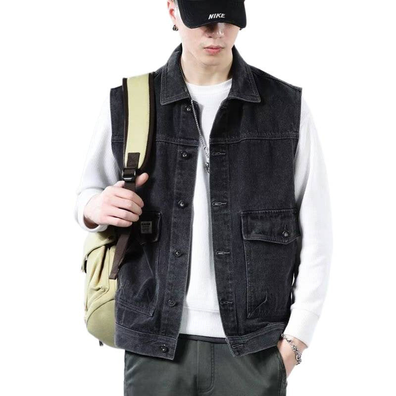 Męski Bez rękawów Jeans Roboczy Kamizelka z Flap Kieszenie i Boxy Krój