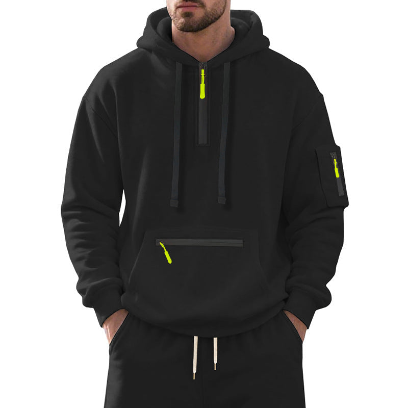Męska krótki zamek bluza z kapturem z uszczelnione zippers, kangaroo zamek kieszeń, i arm kieszeń