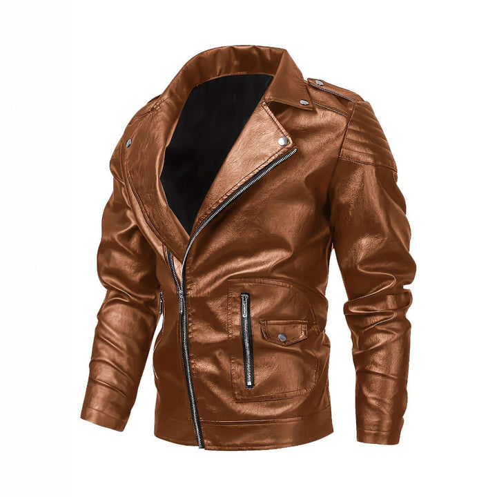 Męski biker kurtka wykonany z imitacja skóry z asymmetrical zamek i ocieplany ramienny inserts