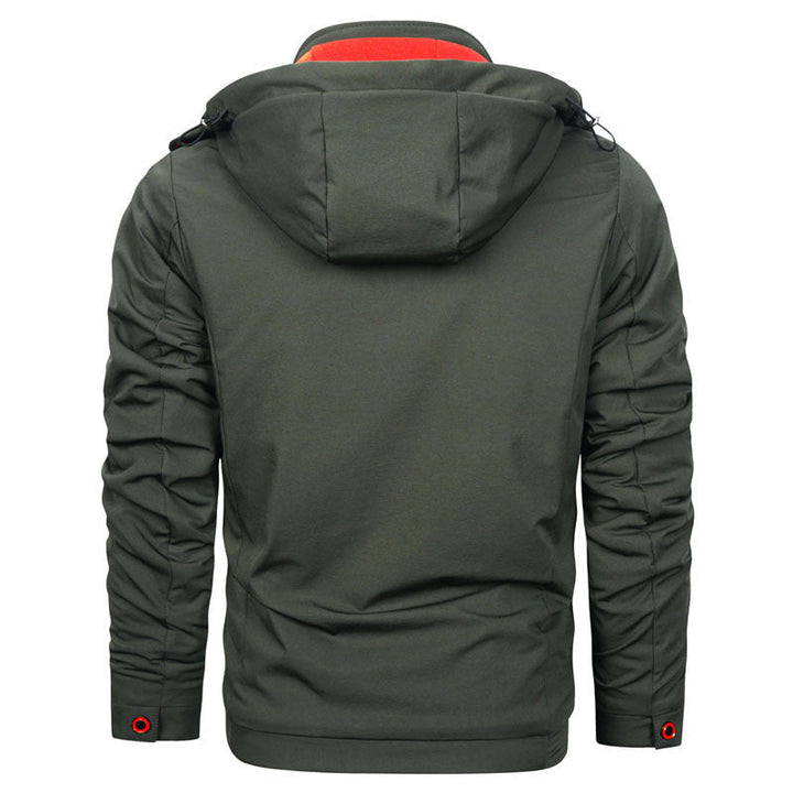 Męski softshell użytkowy kurtka z odpinany kaptur, wiatroszczelny membrana, i zippered kieszeń na piersi